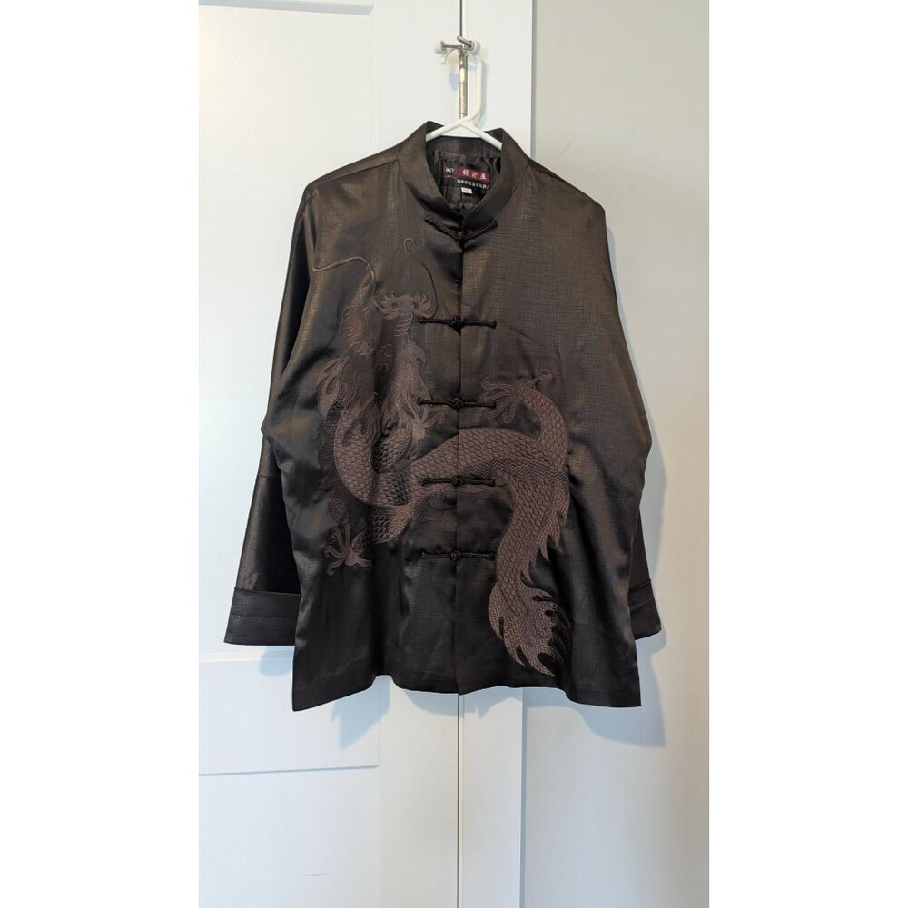 Vintage Mens Traditional Chinese Jacket Large Dragon Brown Satin House Coat - Picture 2 of 12